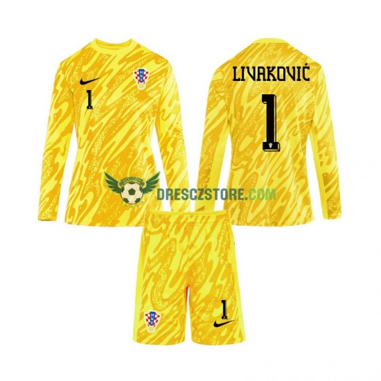 Chorvatsko DOMINIK LIVAKOVIC 1 Brankářské Domácí Dres Euro 2024 Dlouhý rukáv Děti Fotbalové Dresy