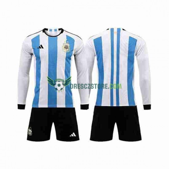 Argentina 3 Stars Domácí Dres MS ve fotbale 2022 Dlouhý rukáv Děti Fotbalové Dresy