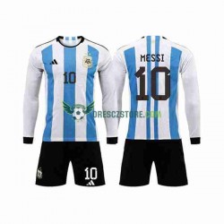 Argentina 3 Stars Lionel Messi 10 Domácí Dres MS ve fotbale 2022 Dlouhý rukáv Děti Fotbalové Dresy