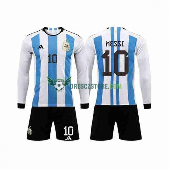 Argentina 3 Stars Lionel Messi 10 Domácí Dres MS ve fotbale 2022 Dlouhý rukáv Děti Fotbalové Dresy
