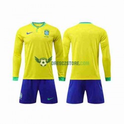 Brazílie Domácí Dres MS ve fotbale 2022 Dlouhý rukáv Děti Fotbalové Dresy