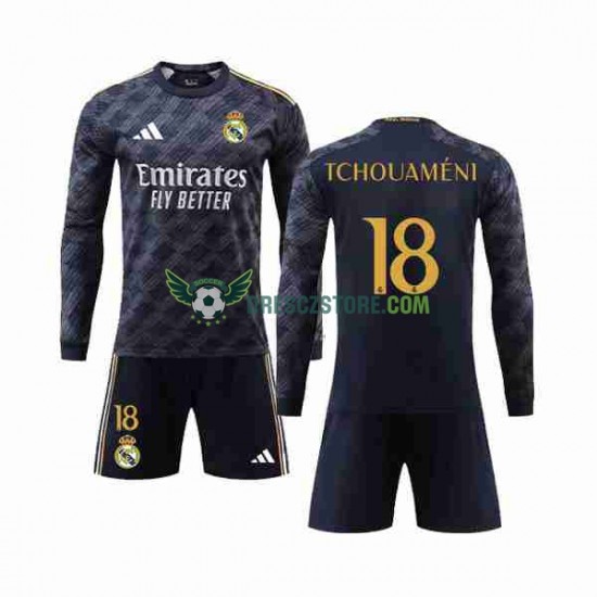 Real Madrid Aurelien Tchouameni 18 Venkovní Dres 2023-2024 Dlouhý rukáv Děti Fotbalové Dresy