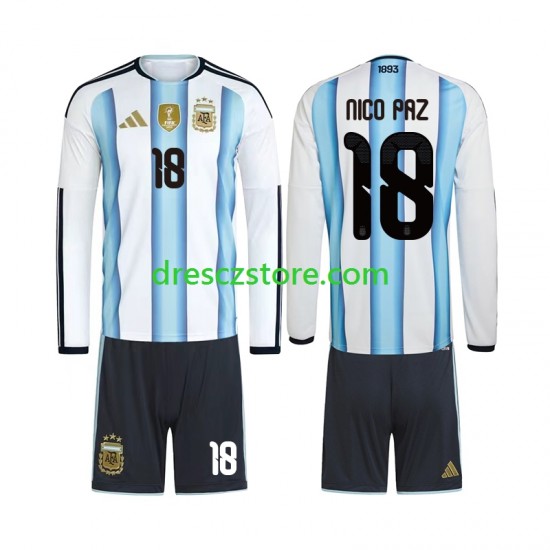 Argentina Nico Paz 18 Domácí Dres MS ve fotbale 2026 Dlouhý rukáv Děti Fotbalové Dresy