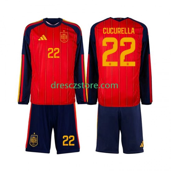 Španělsko Marc Cucurella 22 Domácí Dres MS ve fotbale 2026 Dlouhý rukáv Děti Fotbalové Dresy