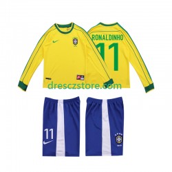 Brazílie RONALDINHO 11 Retro Domácí Dres 1998 Dlouhý rukáv Děti Fotbalové Dresy
