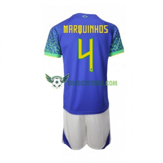 Brazílie Marquinhos 4 Venkovní Dres MS ve fotbale 2022 Krátký rukáv Děti Fotbalové Dresy