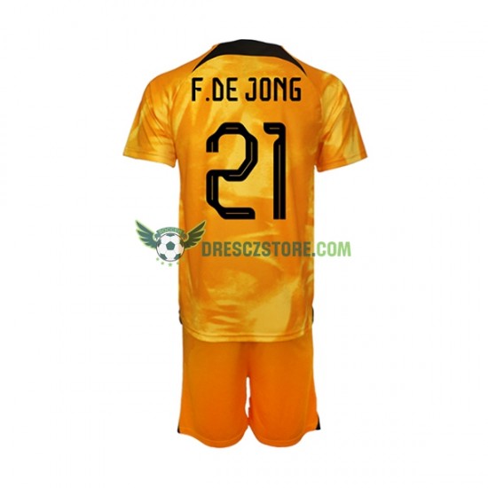 Nizozemsko Frenkie de Jong 21 Domácí Dres MS ve fotbale 2022 Krátký rukáv Děti Fotbalové Dresy